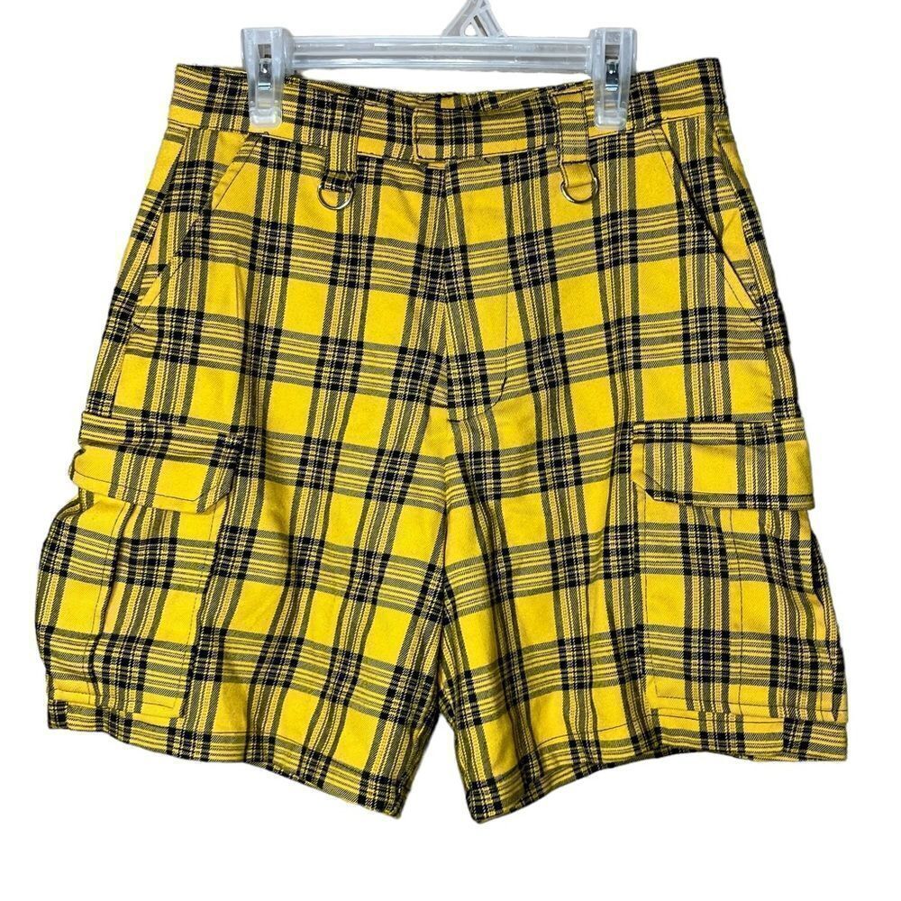 Hot Topic Yellow Plaid Cargo Bermuda Shorts